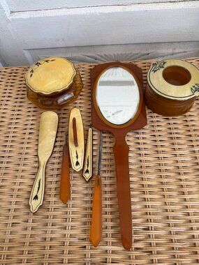Antique 20's Art Deco Vanity Set Amber Celluloid Glass Jar/Mirror, Shoe Hooks
